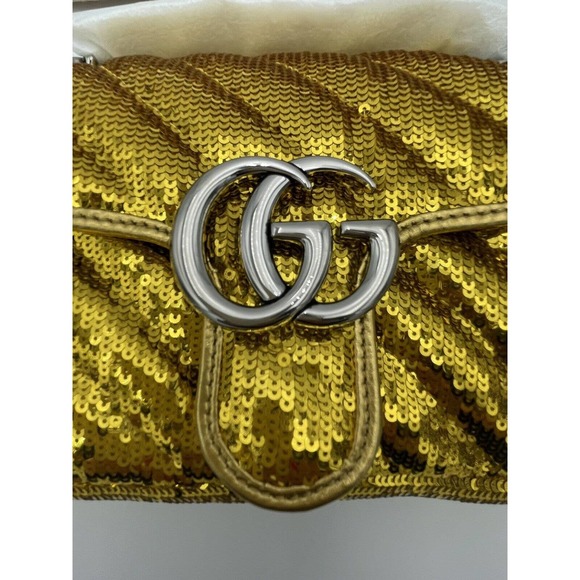 NEW! GUCCI MARMONT METALLIC SEQUIN GOLD  GG CROSSBODY BAG PURSE AUTHENTIC - Picture 7 of 15